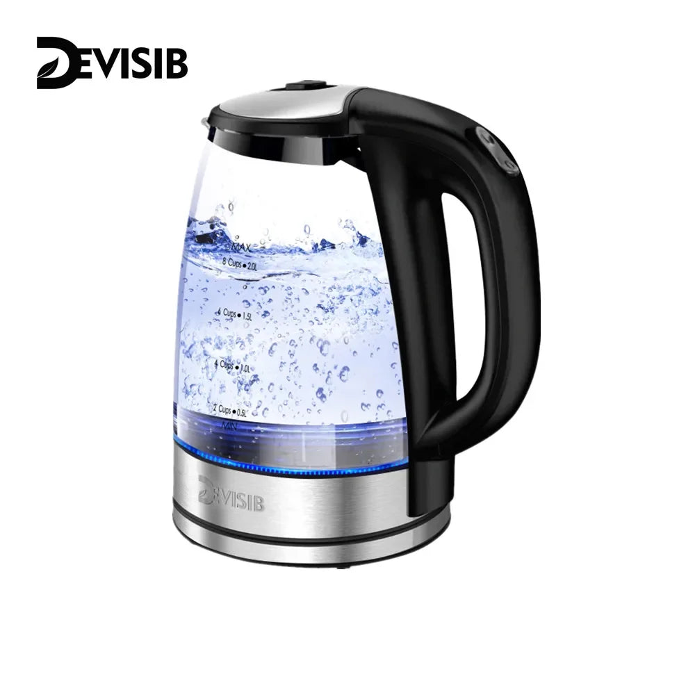 DEVISIB 2L Electric Kettle – 2200W Fast Boiling Glass Kettle with LED Indicator & Removable Filter