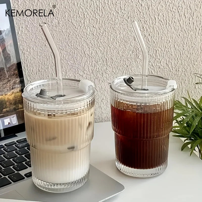 Vaso de vidrio transparente de 450 ml con tapa y pajita: taza para café helado, té, jugo y agua