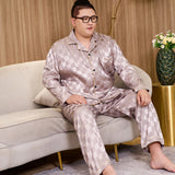 Men’s Luxury Plaid Pajama Set - Full Sleeve, Elastic Waist, Cool Ice Silk Satin Sleepwear for Spring & Summer