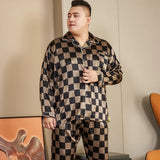Men’s Luxury Plaid Pajama Set - Full Sleeve, Elastic Waist, Cool Ice Silk Satin Sleepwear for Spring & Summer