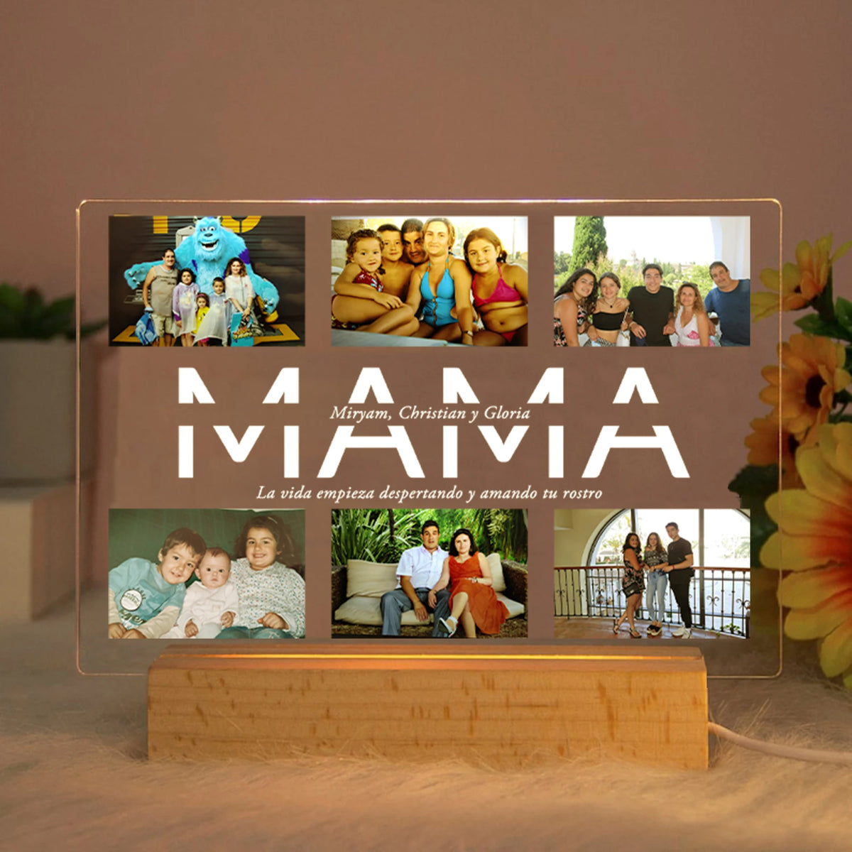 Custom Photo LED Night Light with Text – Personalized Acrylic & Wood USB Lamp