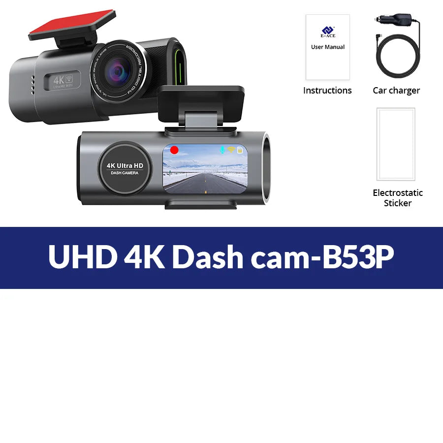 4K Dual Dash Cam with Night Vision – Front & Rear Recording, WiFi, GPS, 24H Parking Mode