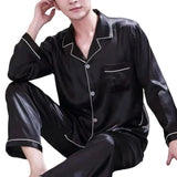 Men’s Plus Size Solid Color Pajama Set – Soft Polyester Long Sleeve Sleepwear with Button Closure