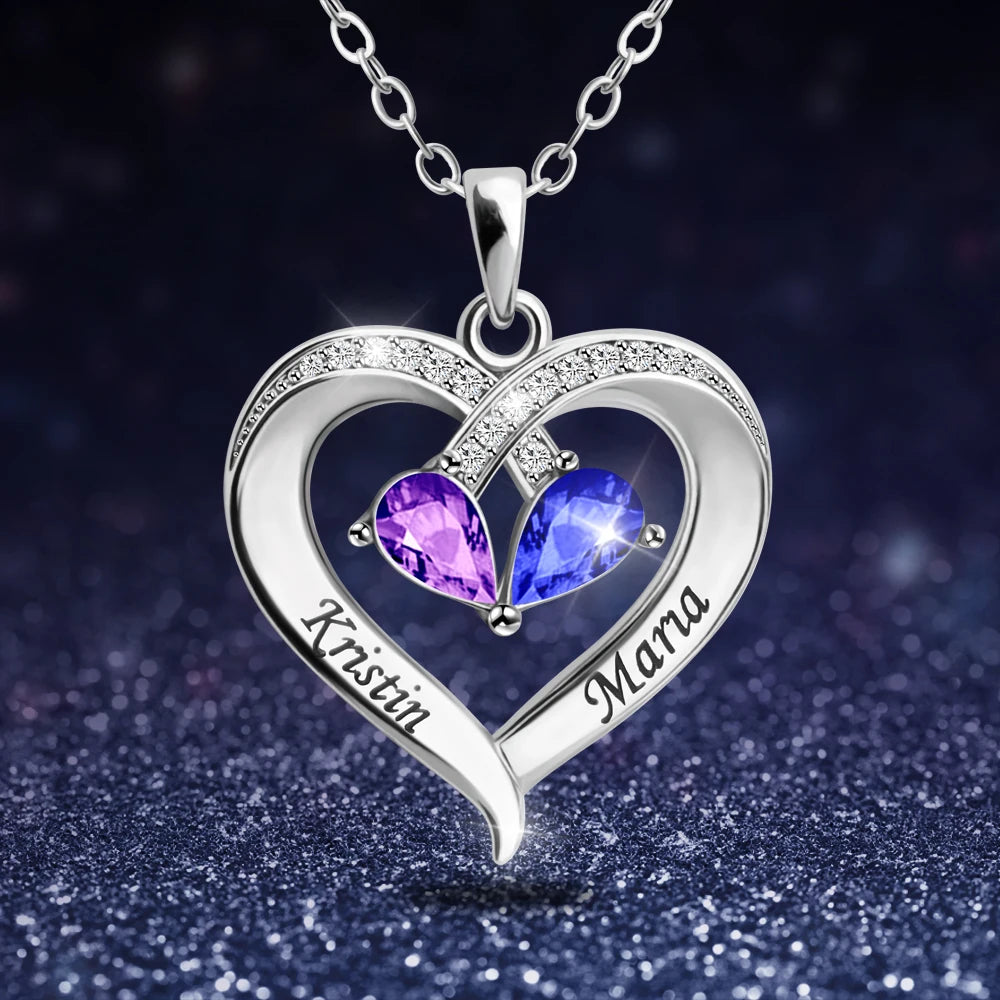 Personalized Heart Necklace with Birthstone - Custom Name Pendant Gift for Women