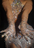 Luxurious Stretch Rhinestone Gloves Women Sparkling Crystal Mesh Long Perspective Gloves Dancer Singer Stage Wear Accessories