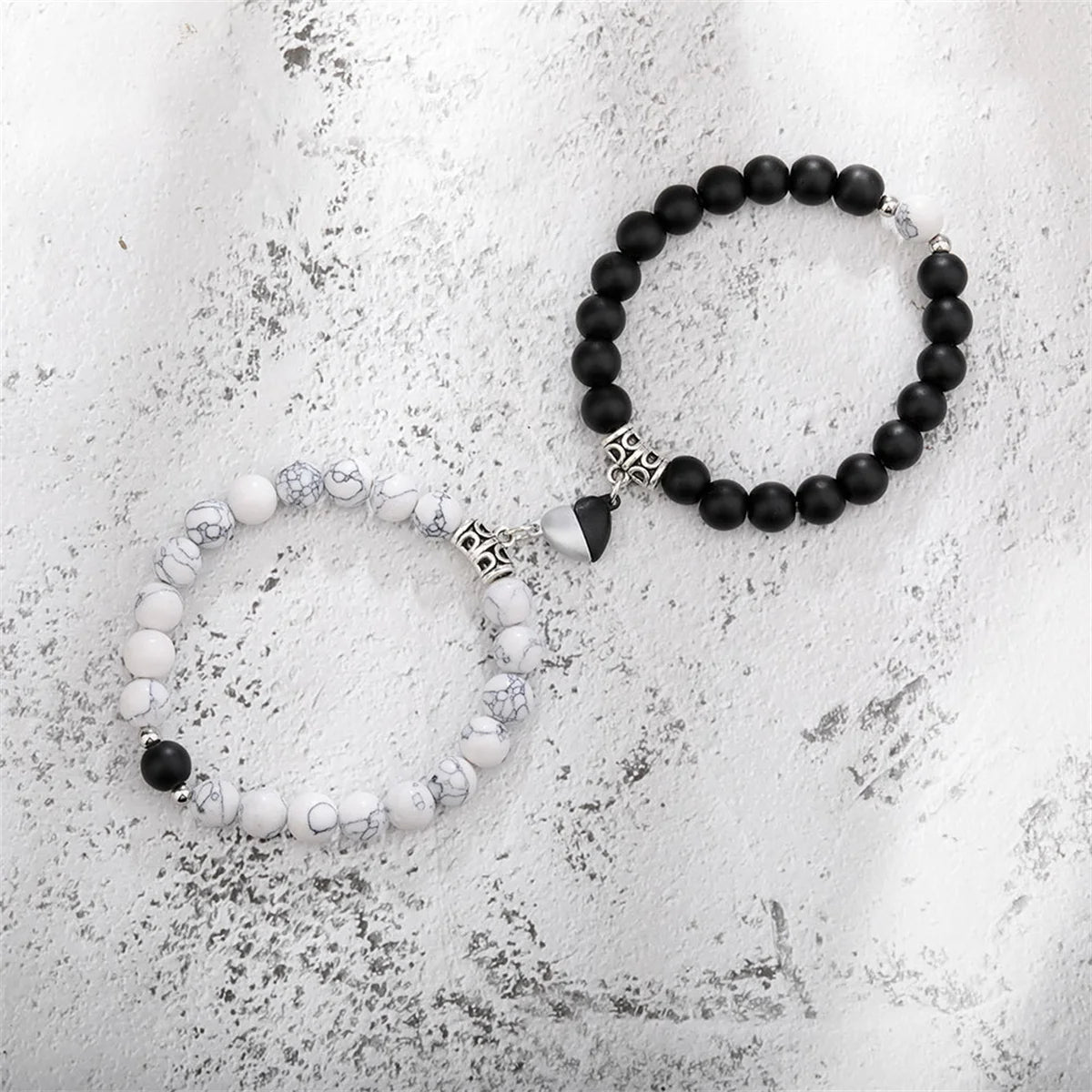 Couples Matching Stone Beaded Heart Charm Bracelets