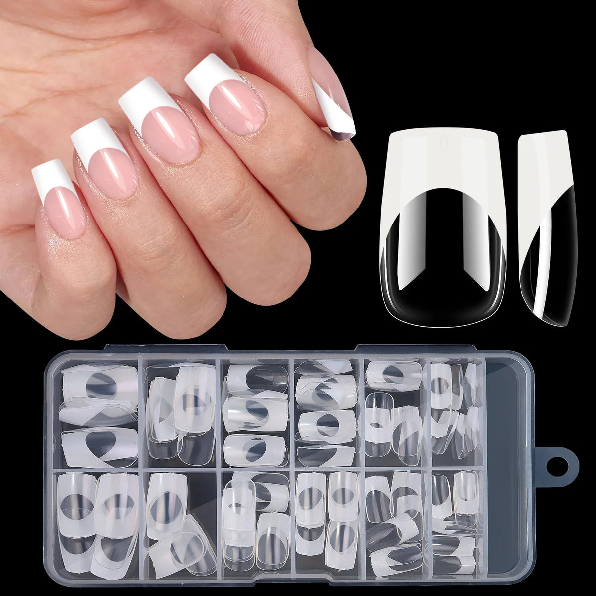 120 uñas postizas cuadradas medianas | Puntas de uñas francesas acrílicas de cobertura total