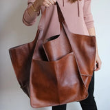 Retro Handmade Beach Tote Bag – High Capacity Zipper Shoulder Bag for Women
