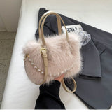 Elegant Plush Pearl-Decorated Handbag for Women – Stylish Autumn & Winter Fashion Tote