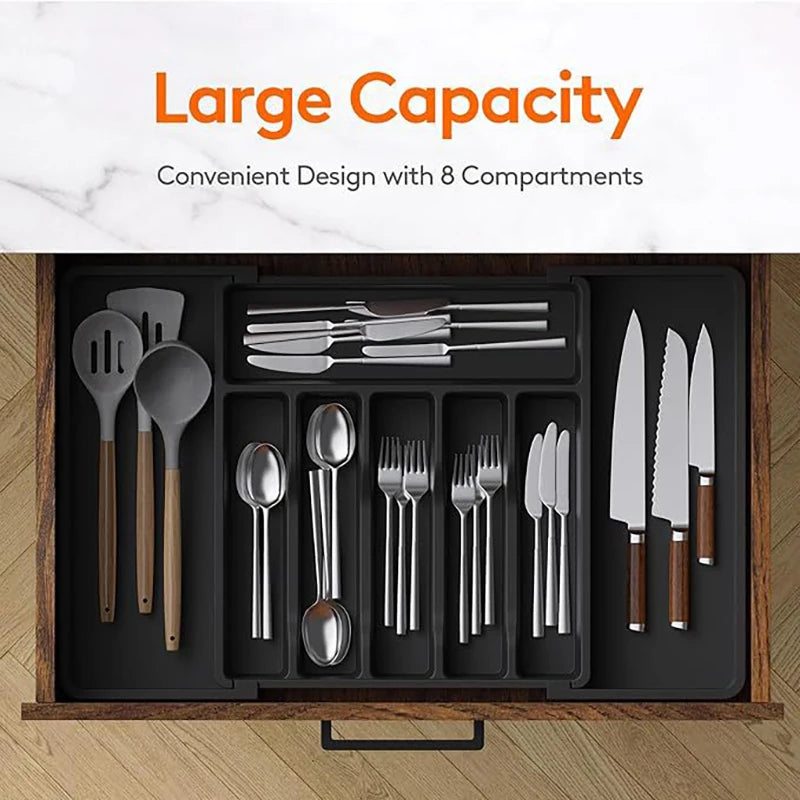 Organizador de cubiertos expandible con cajón: bandeja ajustable para guardar utensilios y cubiertos