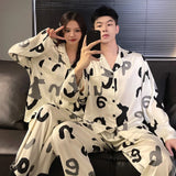 Men’s & Women’s Ice Silk Pajama Set – Breathable Printed Nightwear with Full Sleeves & Turn-Down Collar