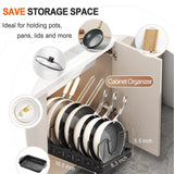 Organizador deslizante para tapas de ollas y sartenes: estante de almacenamiento ajustable para gabinetes de cocina con 8 divisores
