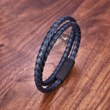 Men's Genuine Leather Bracelet - Stainless Steel Double-Layer Braided Bangle