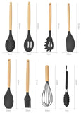 Juego de utensilios de cocina de silicona de 12 piezas | Herramientas de cocina con espátula y cucharas medidoras
