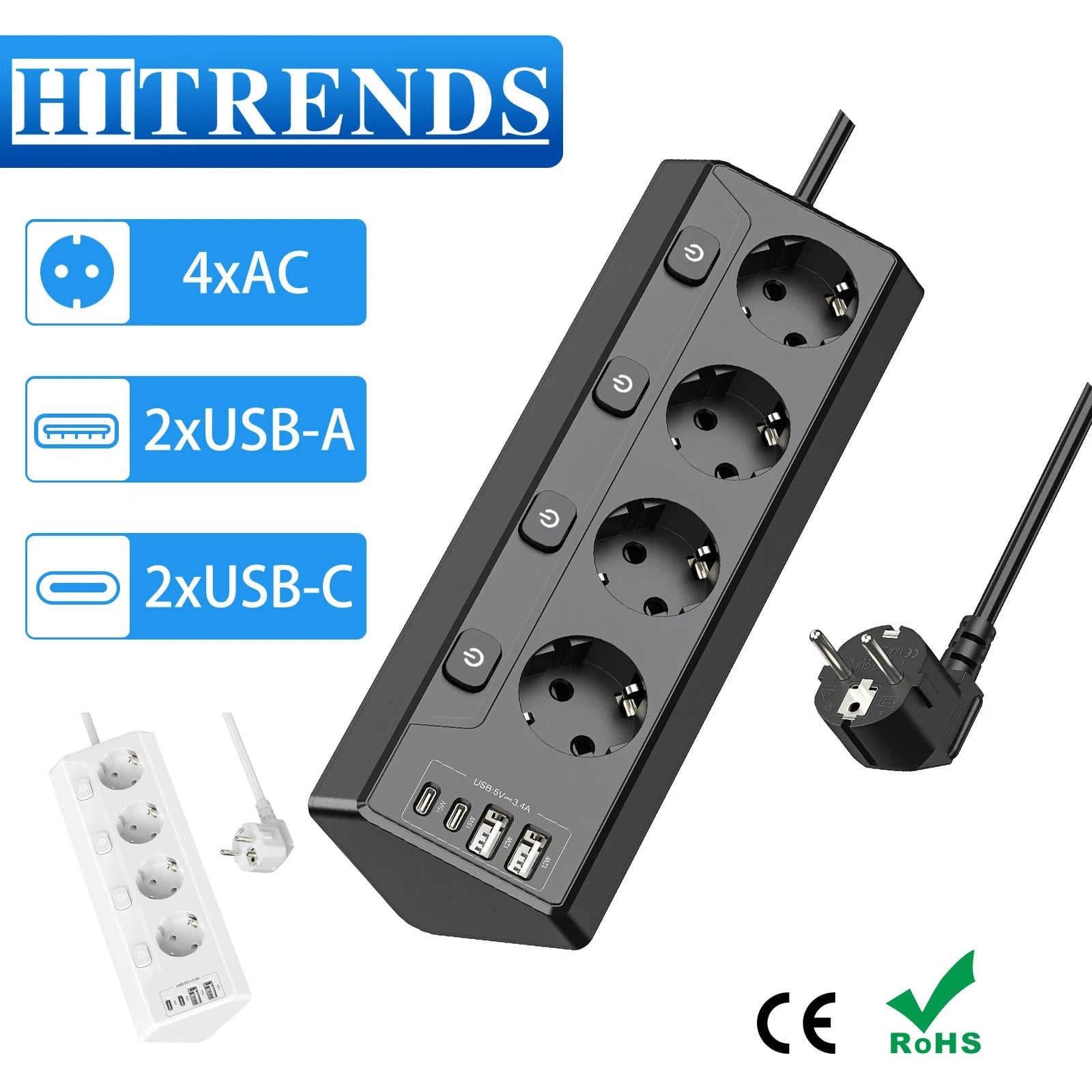 Corner Power Strip with USB Ports and 2m Extension Cable