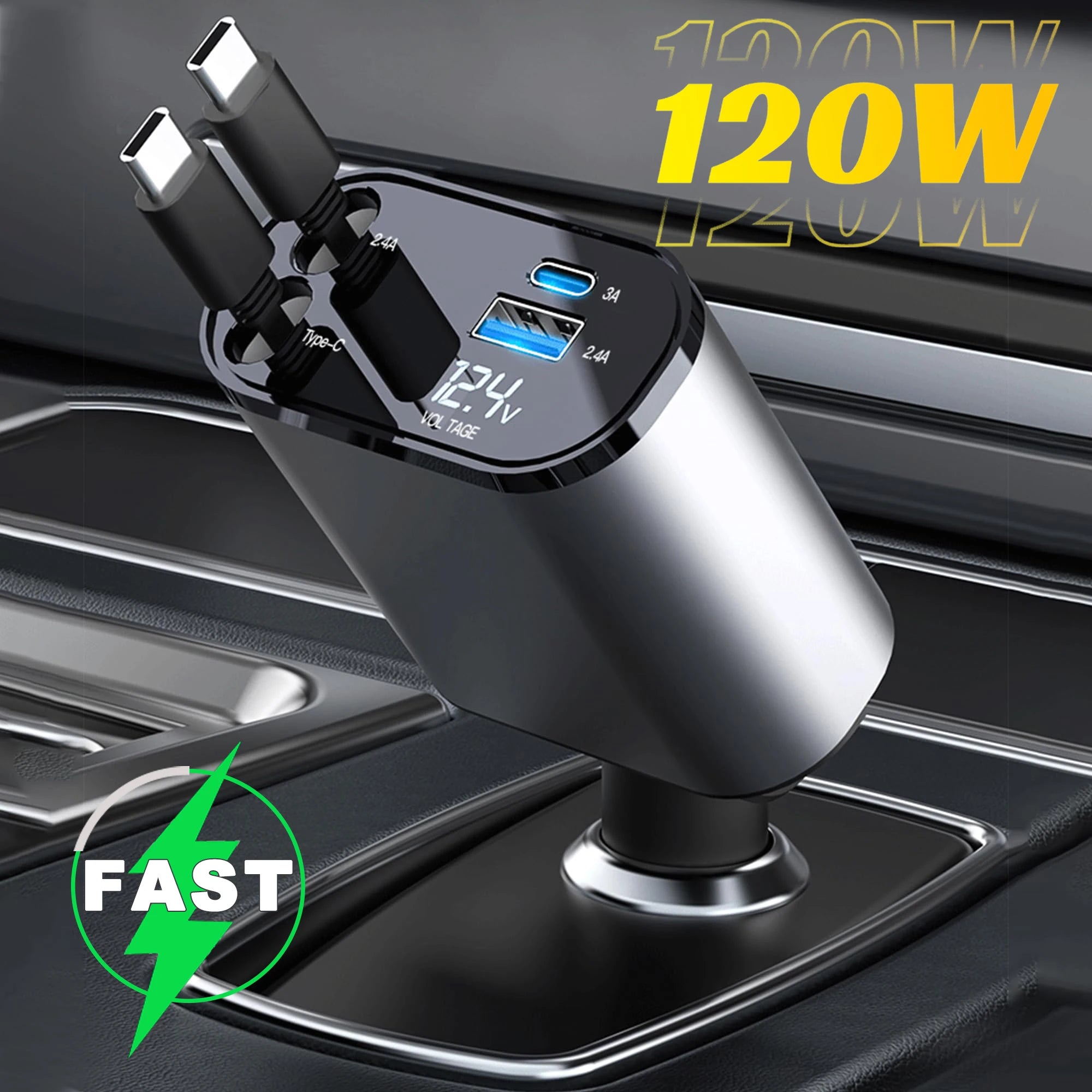 Cargador de coche retráctil 4 en 1 de 120 W: USB-C, Lightning, adaptador de carga rápida