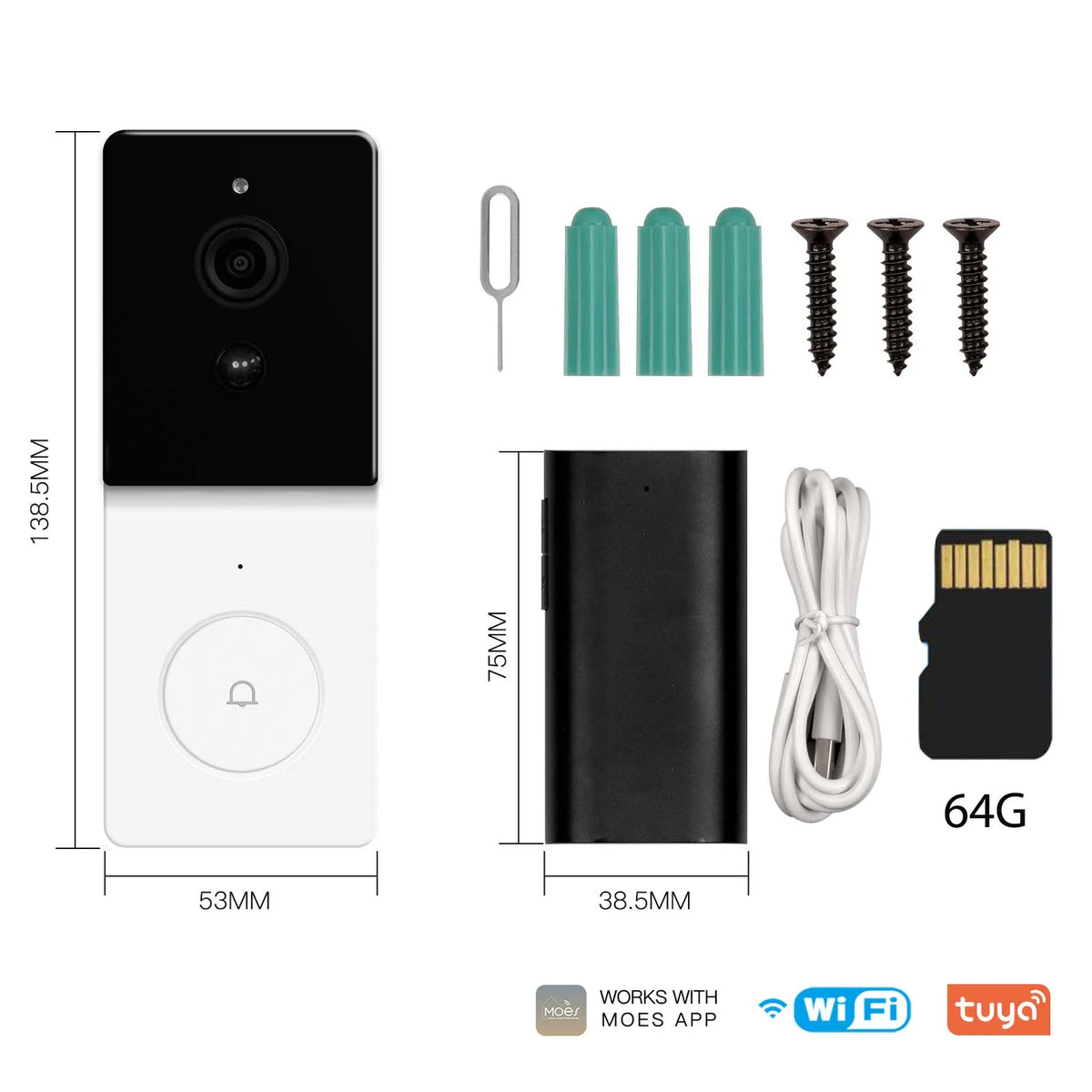 Timbre con video inteligente WiFi de 1080P con visión nocturna y audio bidireccional (tarjeta SD de 64 GB incluida)