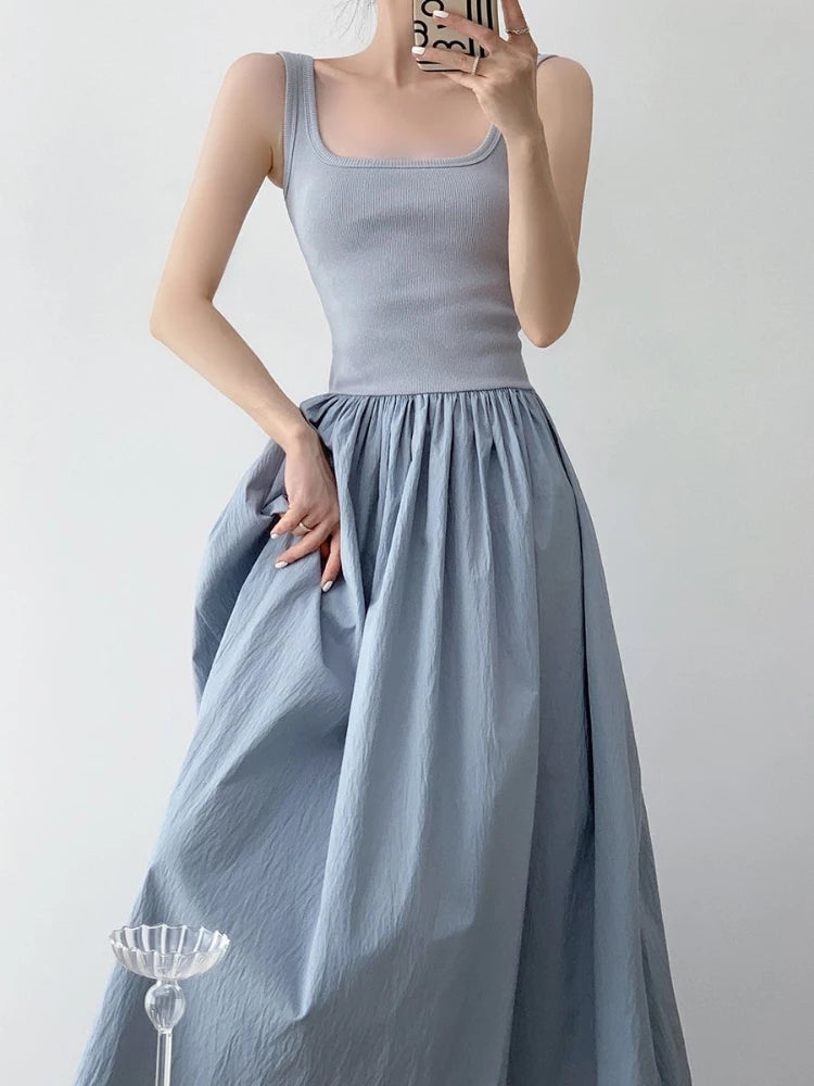Women's Patchwork Knit Maxi Dress - Sleeveless A-Line Summer Dress with Square Neck