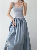Women's Patchwork Knit Maxi Dress - Sleeveless A-Line Summer Dress with Square Neck