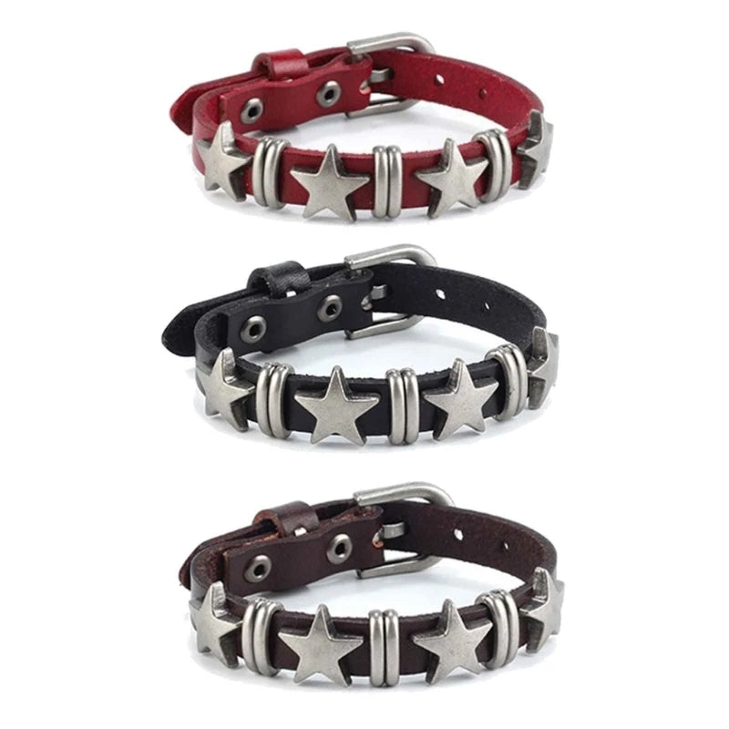 Pulsera de cuero de PU ajustable con forma de estrella: elegante pulsera unisex con dijes