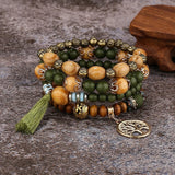 Juego de pulseras con diseño de árbol de la vida estilo bohemio para mujer, con borlas a la moda, cuentas de madera, cadena elástica, joyería de fiesta moderna para niña