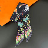 Elegant Twill Silk Ribbon Scarf – Elephant Print Long Hair & Bag Accessory