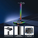 Soporte para auriculares New Bee Z12 RGB con cargador inalámbrico: soporte de escritorio para auriculares para juegos con puertos USB