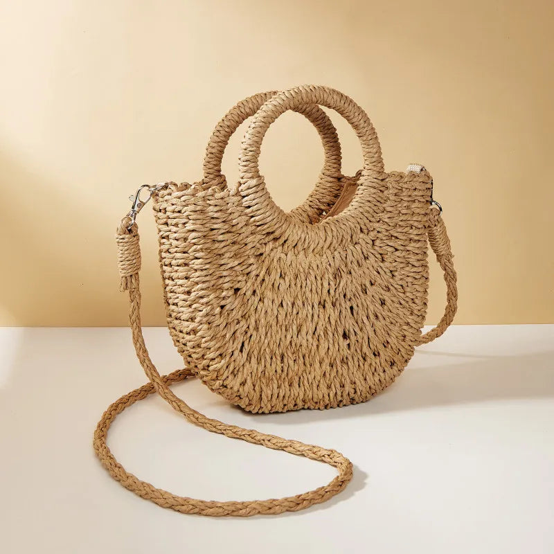 Women’s Straw Crossbody Bag – Stylish Half-Moon Shoulder Purse with Large Capacity