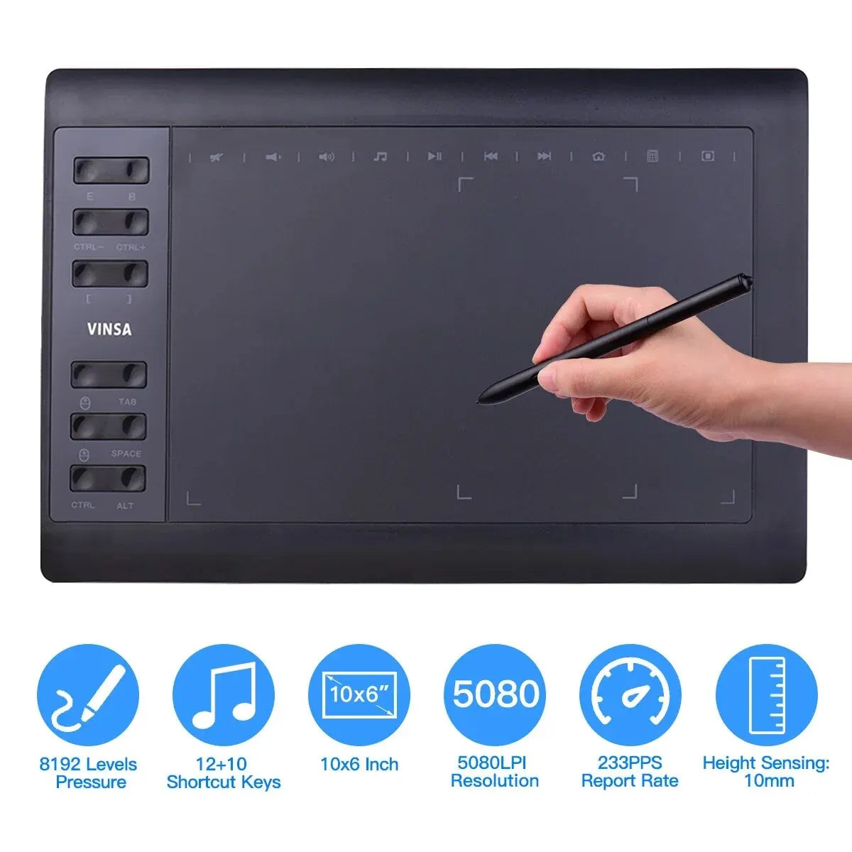 10x6 Inch Drawing Tablet - Professional Graphics Tablet with 12 Express Keys & 8192 Pressure Levels