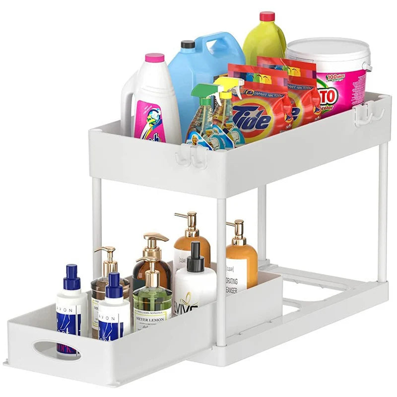 Organizador de 2 niveles debajo del fregadero: estante de almacenamiento deslizante con ganchos y taza para colgar