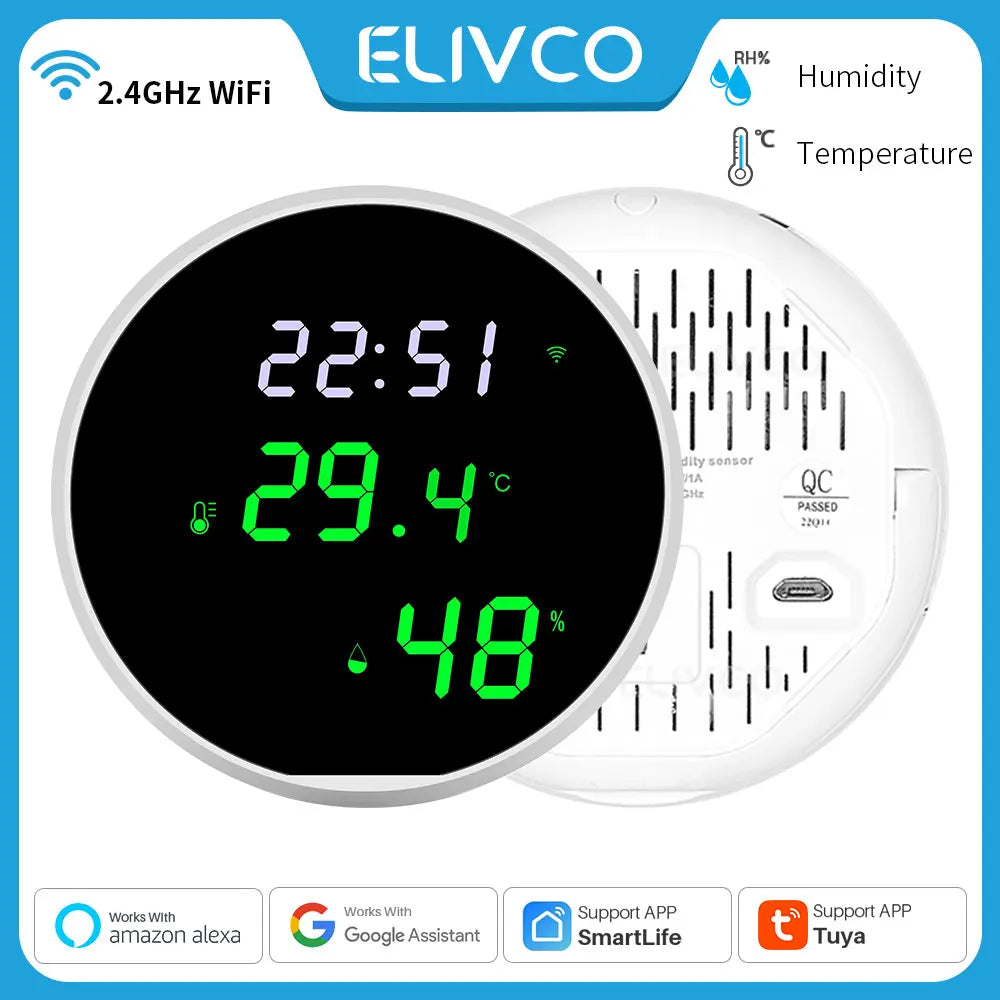 Smart WiFi Temperature & Humidity Sensor with LED Display – Tuya App, Alexa & Google Assistant Compatible