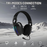 Wireless Gaming Headset with 7.1 Virtual Surround Sound, Detachable Microphone, RGB Lighting & Tri-Mode Connectivity (USB, Bluetooth, 2.4GHz)