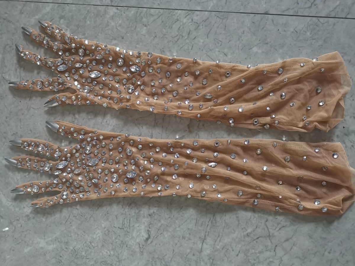 Luxurious Stretch Rhinestone Gloves Women Sparkling Crystal Mesh Long Perspective Gloves Dancer Singer Stage Wear Accessories