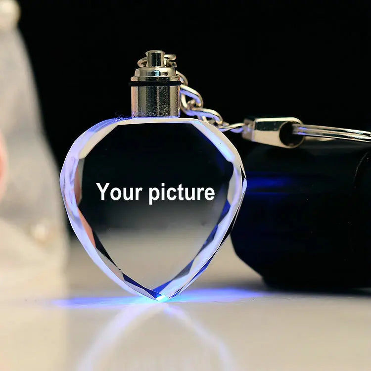 Colorful LED Crystal Keychain with Laser-Engraved Love Design