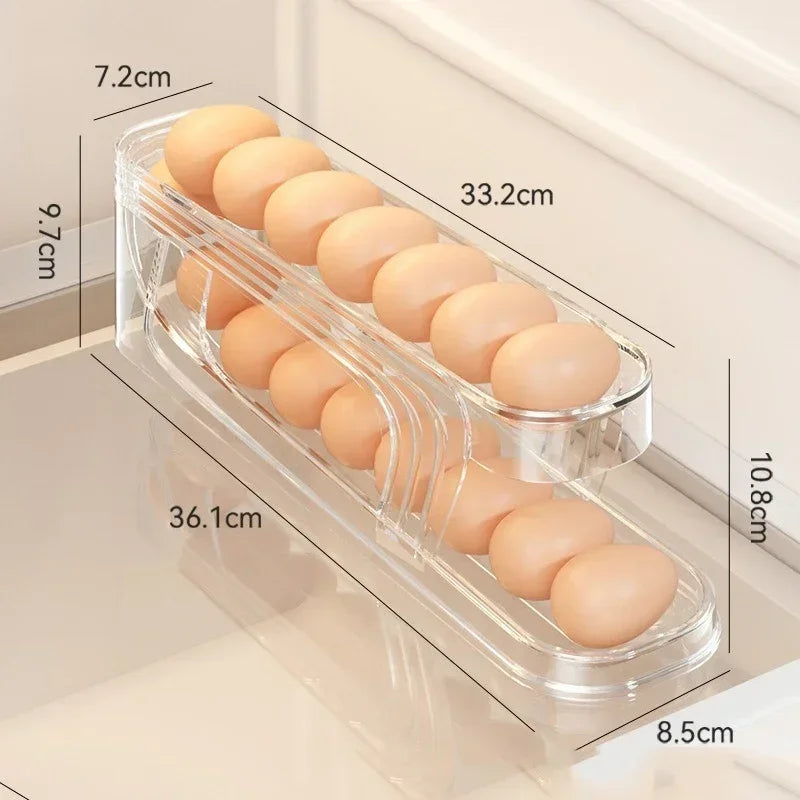 2-Tier Automatic Egg Dispenser for Refrigerator – Rolling Fridge Egg Organizer with Ladder Design
