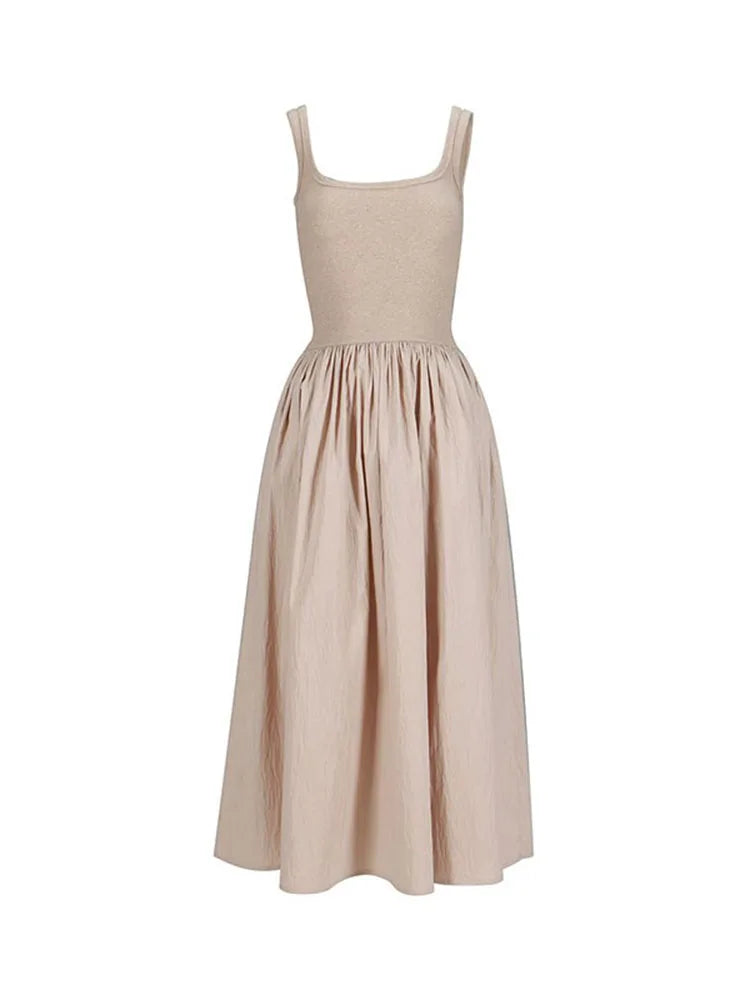 Women's Knit Spaghetti Strap Dress - Sexy Square Neck Patchwork Midi Dress