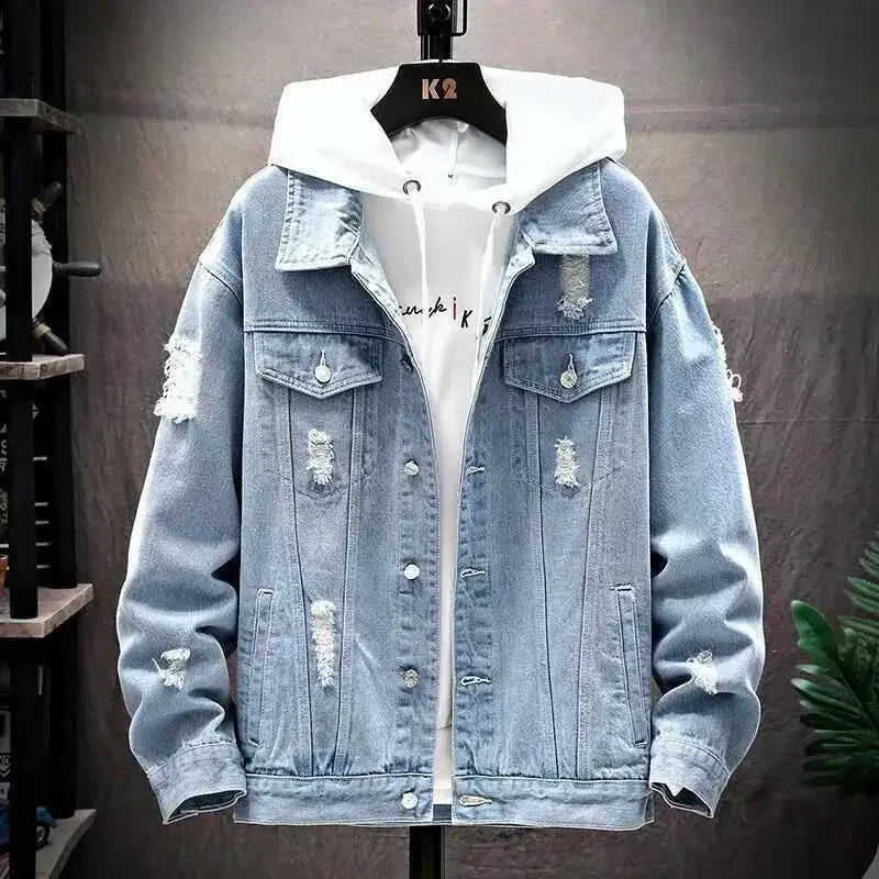 Men’s Patchwork Denim Jacket – Casual Loose Fit Autumn Outerwear