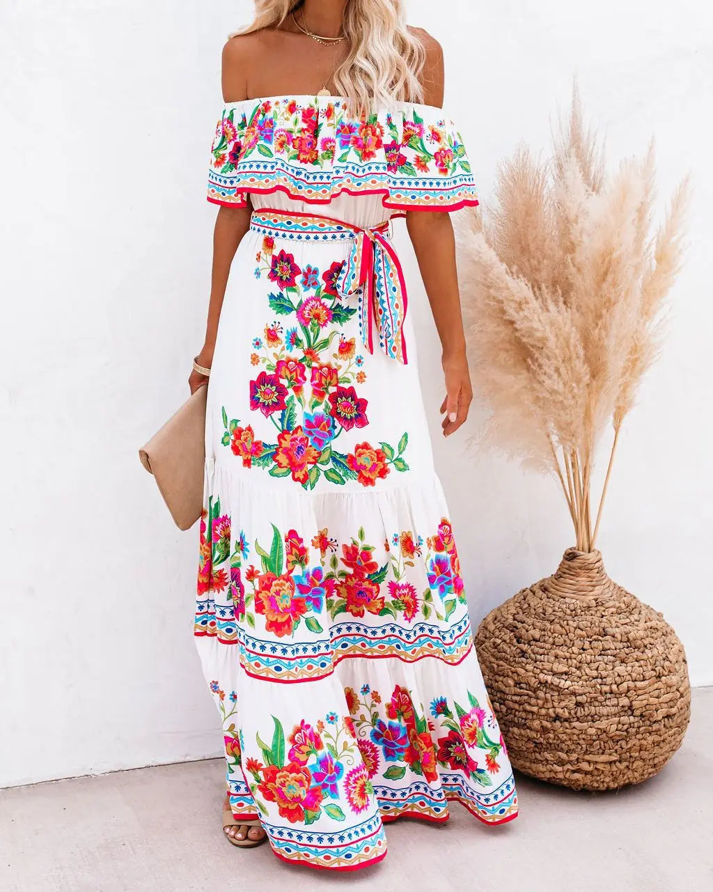 Women’s One-Shoulder Floral Print Swing Dress – Retro Summer A-Line Casual Dress