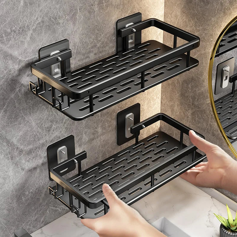 Estante de almacenamiento rectangular y de esquina para baño, montado en la pared, sin taladro