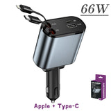 120W Retractable 4-in-1 Car Charger – USB-C, Lightning, Fast Charging Adapter
