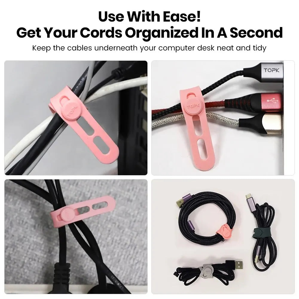 Silicone cable ties – holding cables at a desk and on chargers