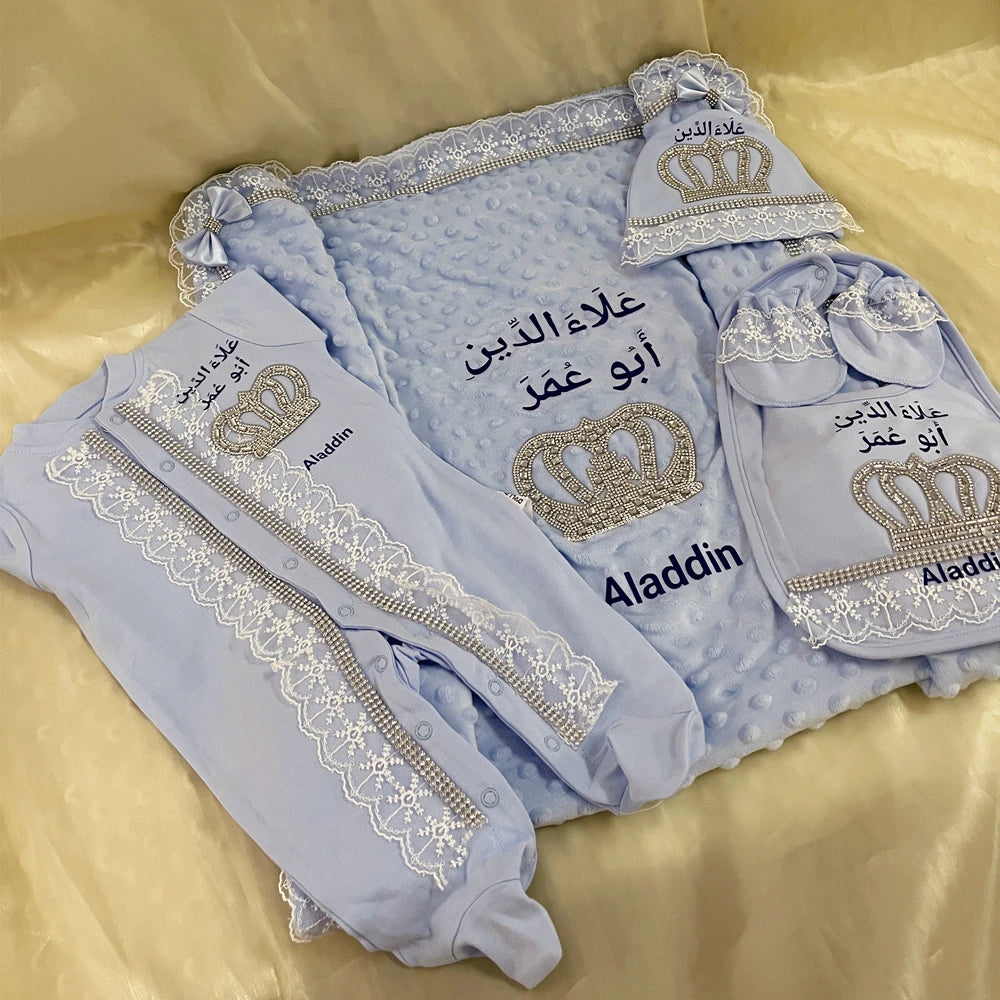 Luxury 5-Piece Newborn Take-Home Set with Jewelry Crown, Mittens, Hat, Shoes & Blanket