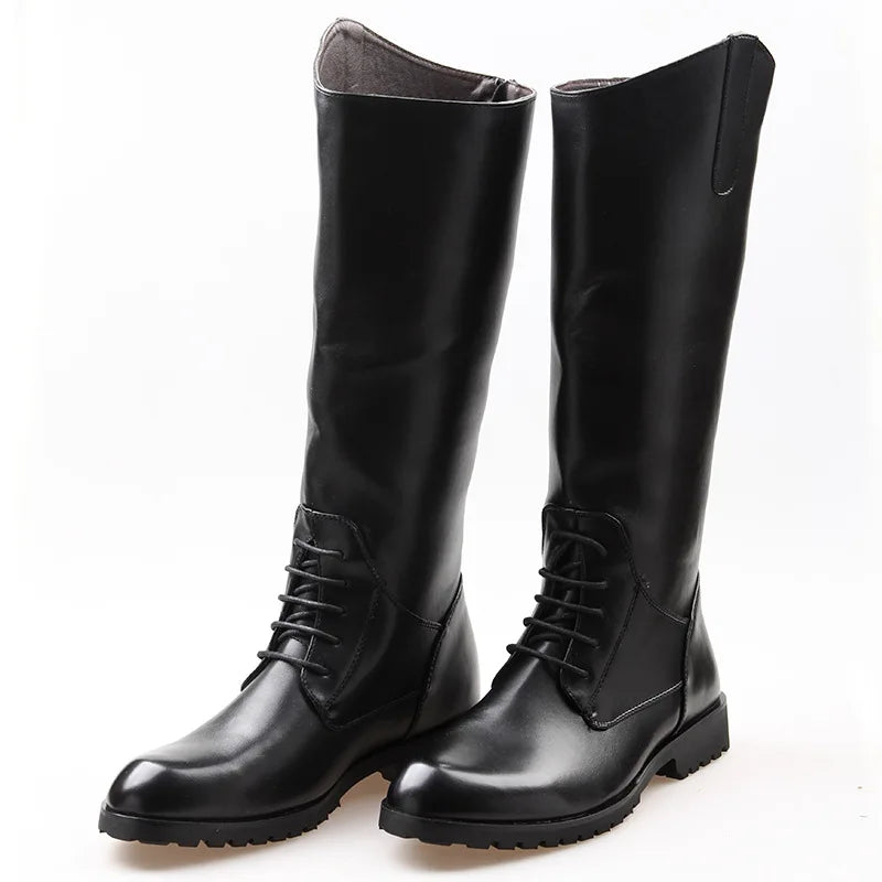 Men’s Knee-High Motorcycle Boots – PU Leather Winter Riding Boots with Zipper Closure