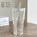 Vaso de vidrio a rayas con tapa y pajita: elegante vaso transparente para beber jugo, agua y café helado