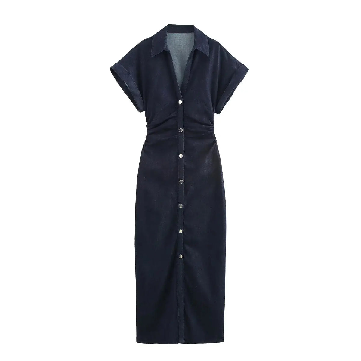 Elegant Denim Midi Dress with Slim Waist & Side Zipper for Women