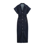 Elegant Denim Midi Dress with Slim Waist & Side Zipper for Women