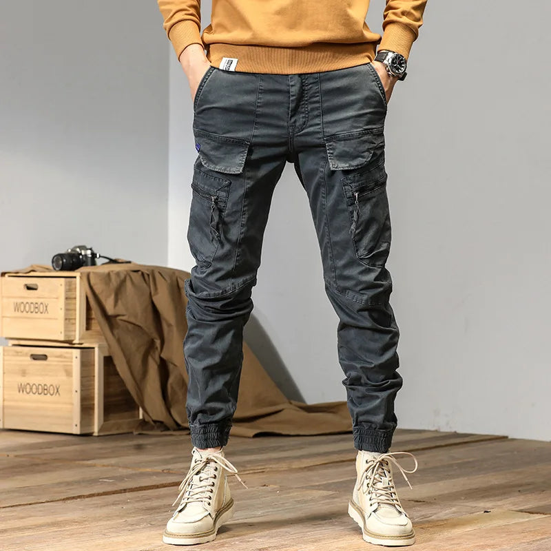 Men’s Cotton Cargo Pants – Mid Waist, Full-Length, Pocket Design, All-Season Streetwear