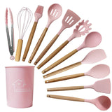 Juego de utensilios de cocina de silicona de 12 piezas: herramientas de cocina antiadherentes y resistentes al calor con mangos de madera