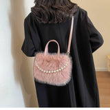Elegant Plush Pearl-Decorated Handbag for Women – Stylish Autumn & Winter Fashion Tote