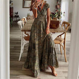 Women's Floral Print A-Line Dress with Petal Sleeves – Summer V-Neck Maxi Dress